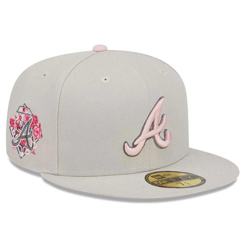 Atlanta Braves New Era MLB 59FIFTY 5950 Fitted Cap Hat Stone Crown/Visor Pink/Gray Logo 2023 Mother’s Day Side Patch PinkUV
