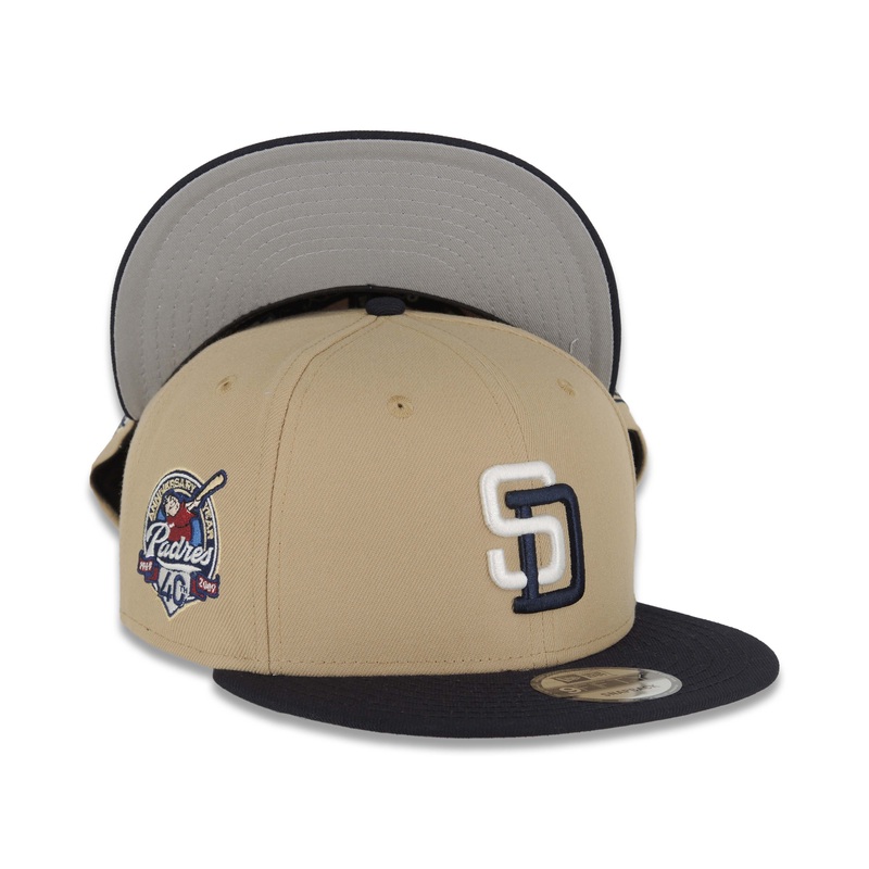 San Diego Padres New Era MLB 9FIFTY 950 Snapback Cap Hat Khaki Crown Navy Visor White/Navy Logo 40th Anniversary Side Patch Gray UV