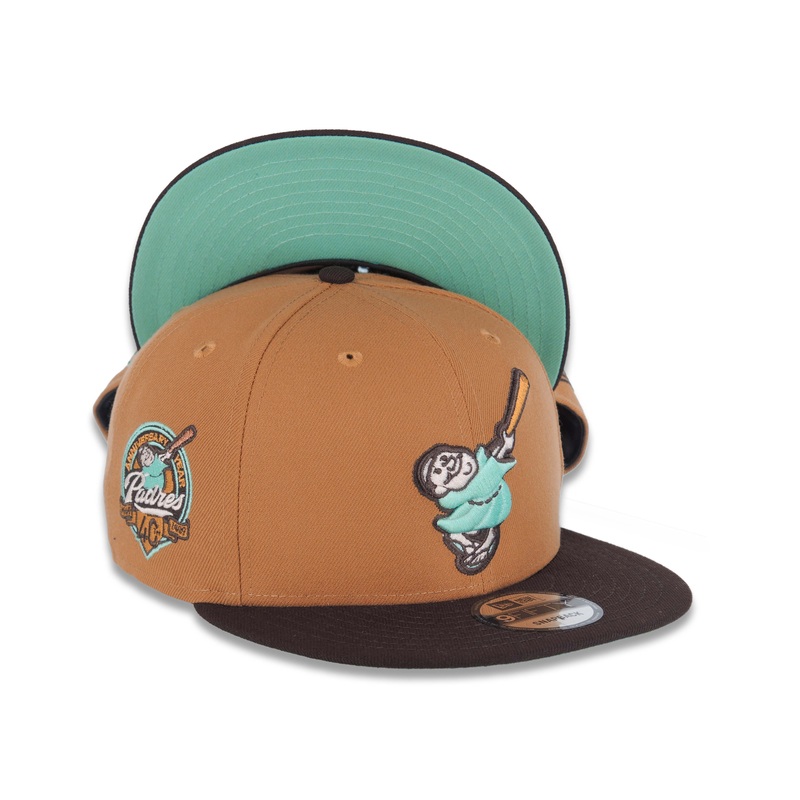 San Diego Padres New Era MLB 9FIFTY 950 Snapback Cap Hat Light Brown Crown Dark Brown Visor Light Teal Swinging Friar Logo 40th Anniversary Side Patch