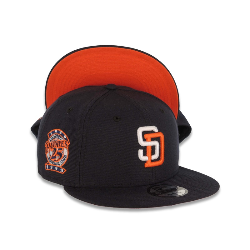 San Diego Padres New Era MLB 9FIFTY 950 Snapback Cap Hat Navy Crown/Visor White/Orange Logo 25th Anniversary Side Patch Orange UV
