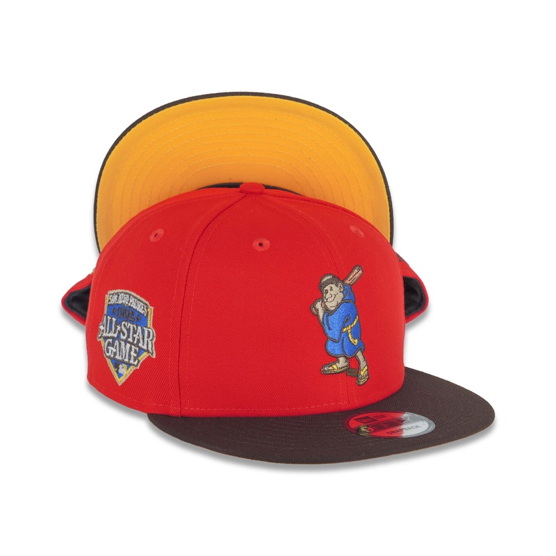 San Diego Padres New Era MLB 9FIFTY 950 Snapback Cap Hat Red Crown Dark Brown Visor Blue/Metallic Brown Logo 1992 All-Star Game Side Patch Yellow UV