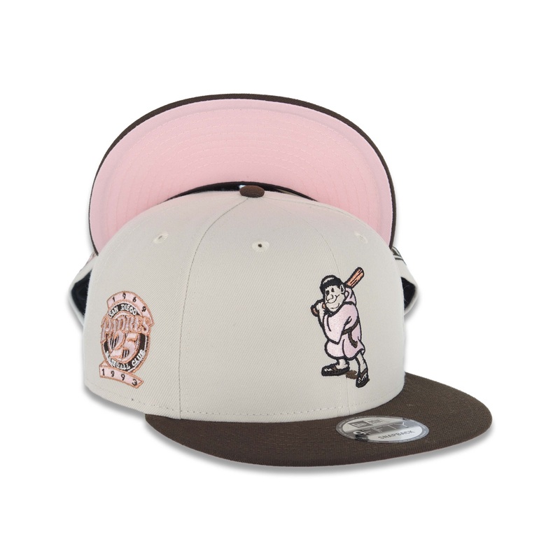 San Diego Padres New Era MLB 9FIFTY 950 Snapback Cap Hat Stone Crown Brown Visor Pink/Metallic Brown Logo 25th Anniversary Side Patch Pink UV