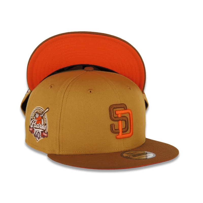 San Diego Padres New Era MLB 9FIFTY 950 Snapback Cap Hat Tan Crown Brown Visor Brown/Orange Logo 40th Anniversary Side Patch Orange UV