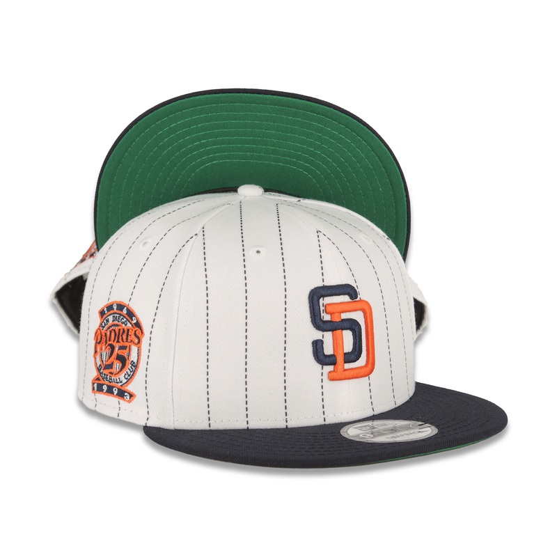San Diego Padres New Era MLB 9FIFTY 950 Snapback Cap Hat White Navy Pinstripe Crown Navy Visor Navy/Orange Logo 25th Anniversary Side Patch Green UV