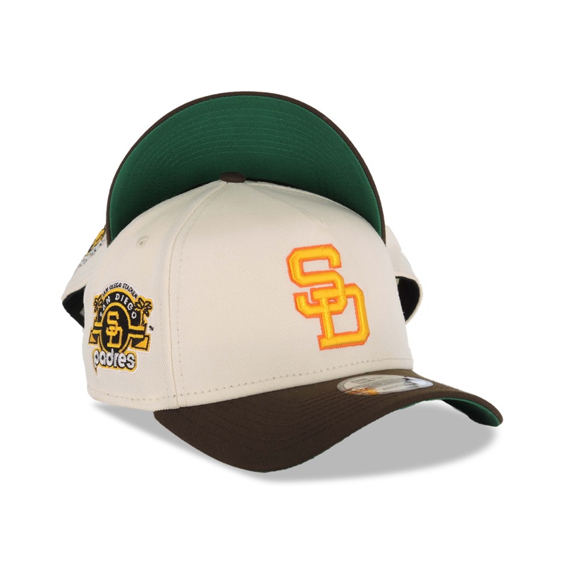 San Diego Padres New Era MLB 9FORTY 940 Adjustable A-Frame Cap Hat Cream Crown Brown Visor Yellow/Orange Logo 25th Anniversary Side Patch Snapback