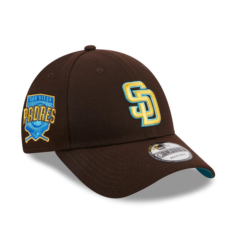 San Diego Padres New Era MLB 9FORTY 940 Adjustable Cap Hat Snapback Closure Dark Brown Crown/Visor Yellow/Sky Blue Logo 2023 Father’s Day Side Patch