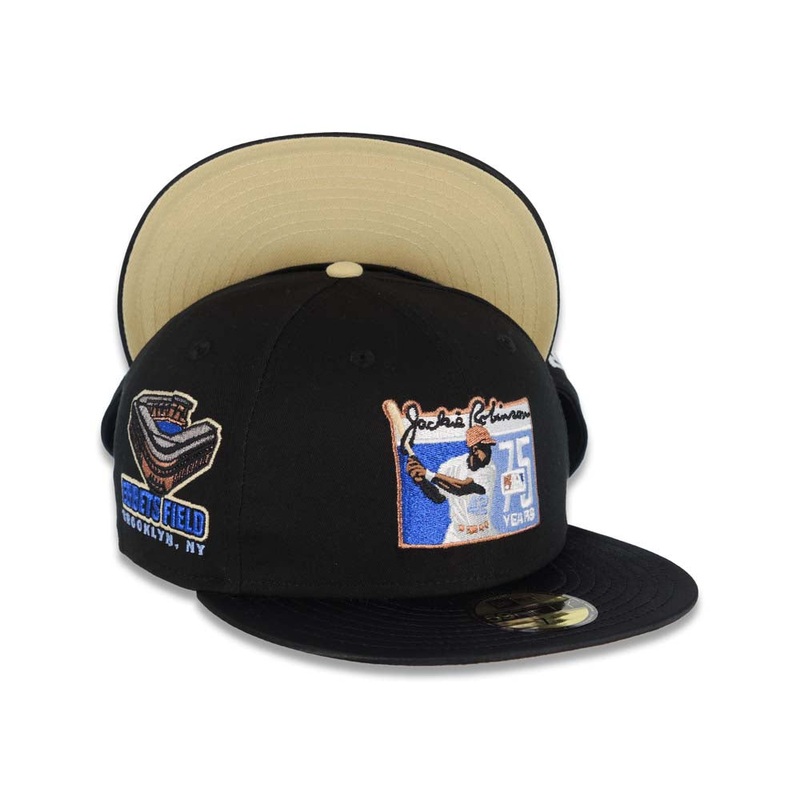 (Satin Visor) New Era 59FIFTY 5950 Fitted Cap Hat Black Crown/Visor Metallic Blue/Copper Jackie Robinson Logo Ebbets Field Side Patch Yellow Green UV