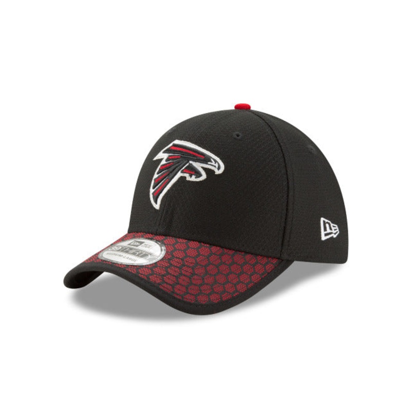 Atlanta Falcons New Era NFL 39THIRTY 3930 Flexfit Cap Hat Black Crown Red/Black Visor Team Color Logo (2017 Sideline)