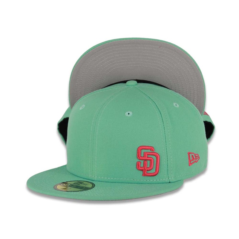 (City Connect Colors) San Diego Padres New Era MLB 59FIFTY 5950 Fitted Cap Hat Light Teal Crown/Visor Magenta Flawless Small Logo Gray UV