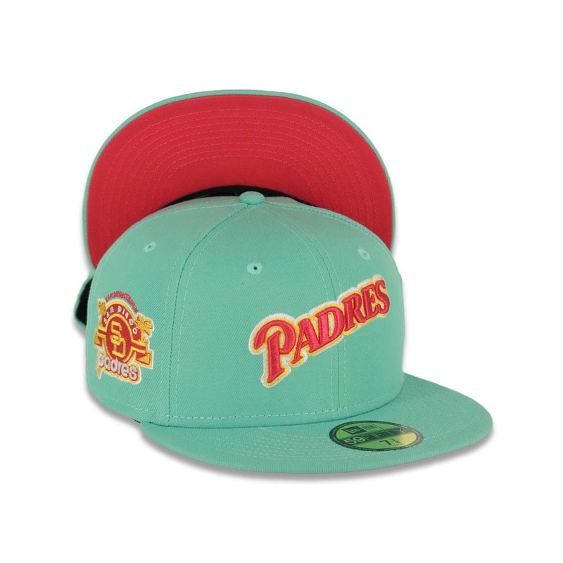 (City Connect Colors) San Diego Padres New Era MLB 59FIFTY 5950 Fitted Cap Hat Light Teal Crown/Visor Magenta/Yellow Script Logo Stadium Side Patch