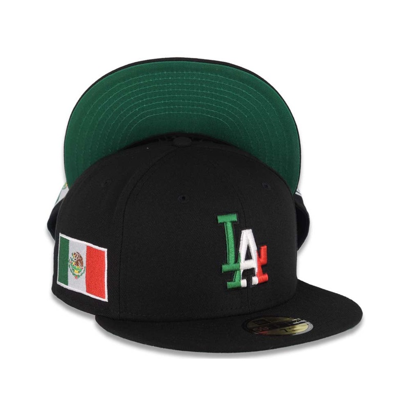 (Mexico Flag Colors) Los Angeles Dodgers New Era MLB 59FIFTY 5950 Fitted Cap Hat Black Crown/Visor Green/White/Red Logo Mexico Flag Side Patch