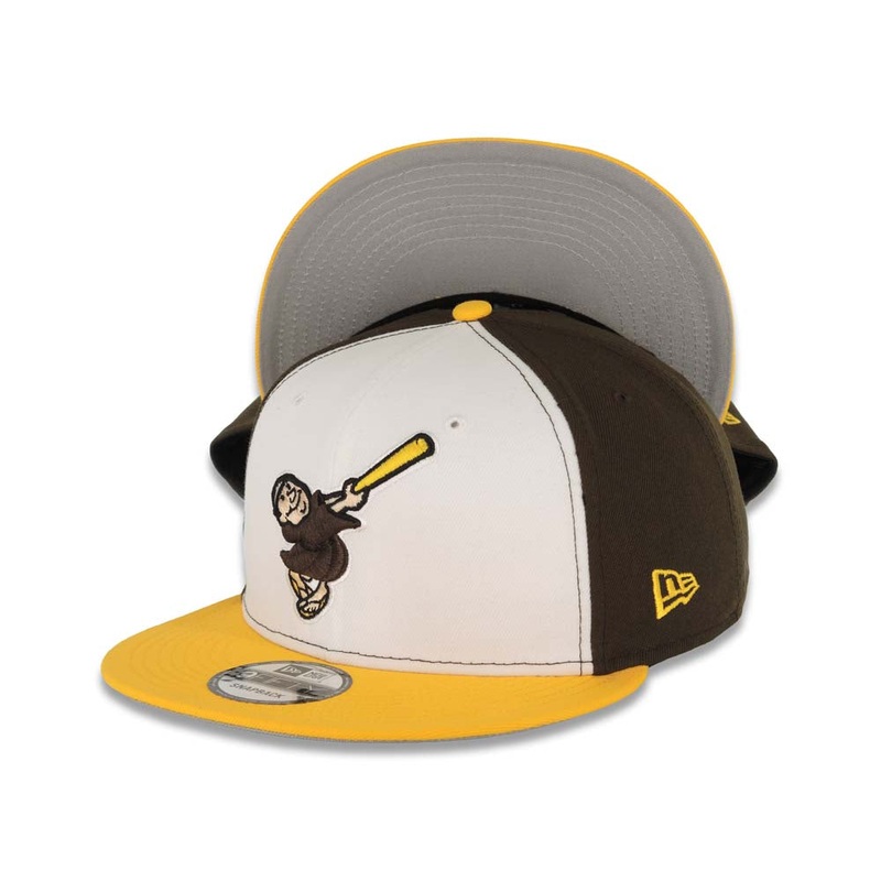 San Diego Padres New Era MLB 9FIFTY 950 Snapback Cap Hat White/Brown Crown Yellow Visor Brown/Yellow Swinging Friar Logo Gray UV