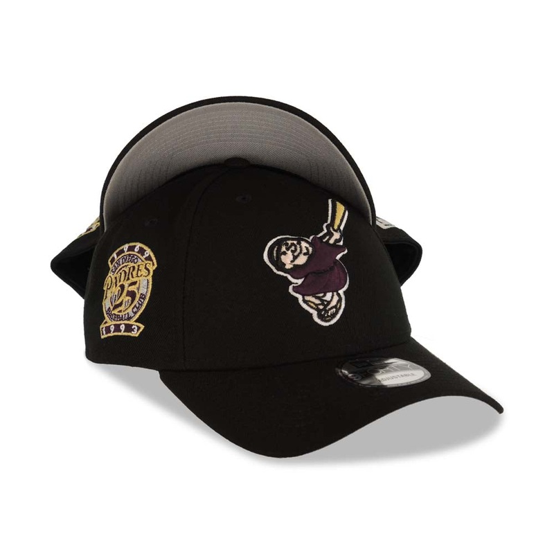 San Diego Padres New Era MLB 9FORTY 940 Adjustable Cap Hat Black Crown/Visor Maroon/Gold Swinging Friar Logo 25th Anniversary Side Patch Gray UV