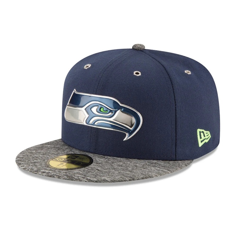 Seattle Seahawks New Era NFL 59FIFTY 5950 Fitted Cap Hat Navy Crown Dark Gray Visor Team Color Logo (2016 Draft)