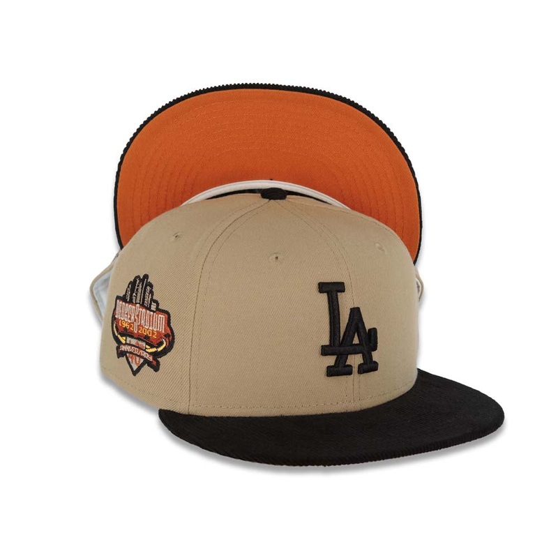 (Corduroy Visor) Los Angeles Dodgers New Era MLB 59FIFTY 5950 Fitted Cap Hat Khaki Crown Black Visor Black Logo 40th Anniversary Side Patch Orange UV