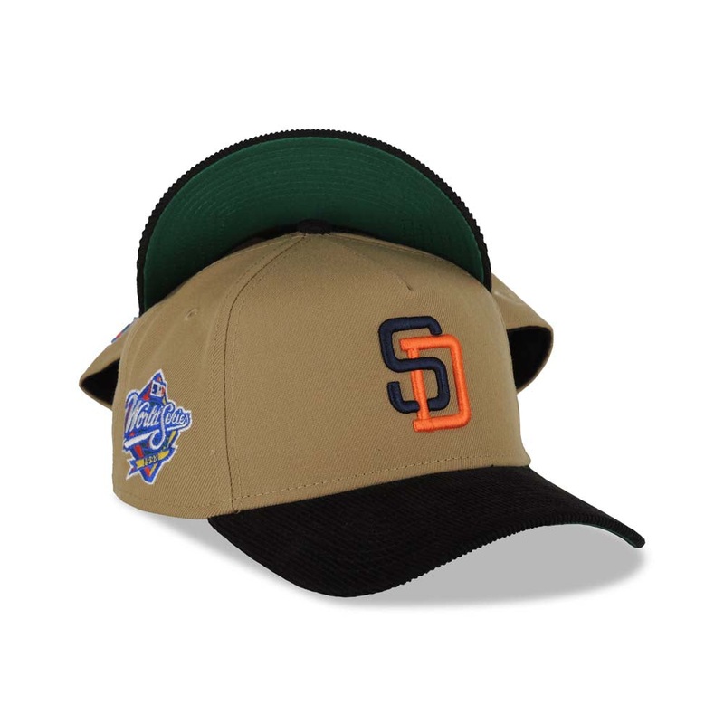 (Corduroy Visor) San Diego Padres New Era MLB 940 A-Frame Adjustable Cap Hat Khaki Crown Black Visor Navy/Orange Logo 1998 World Series Side Patch