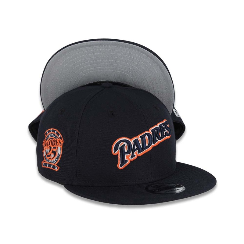 San Diego Padres New Era MLB 9FIFTY 950 Snapback Cap Hat Navy Blue Crown/Visor Navy/Orange/White Script Logo 25th Anniversary Side Patch Gray UV
