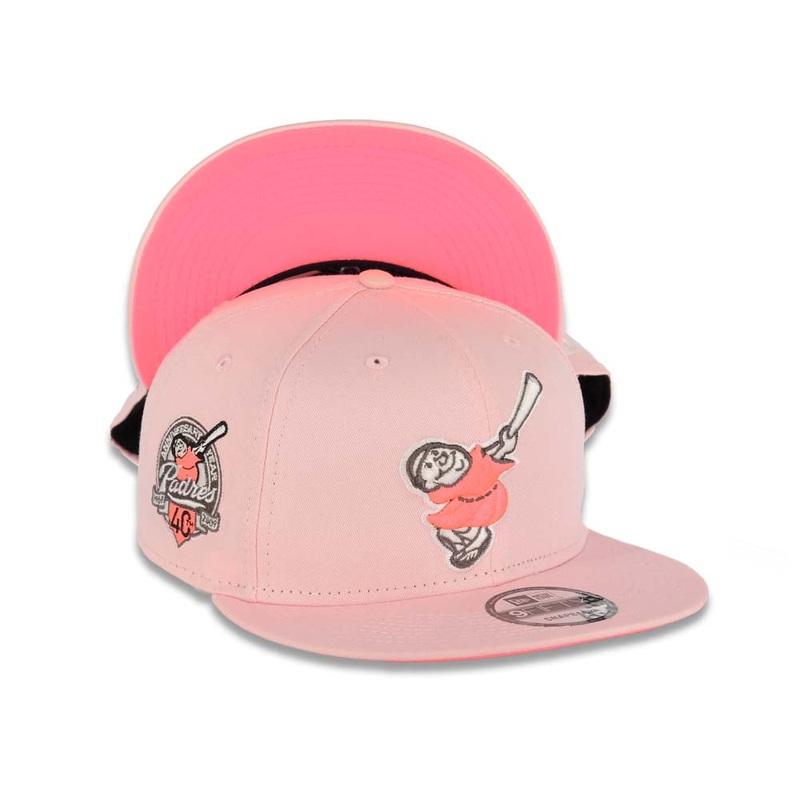 San Diego Padres New Era MLB 9FIFTY 950 Snapback Cap Hat Pink Crown/Visor Pink Glow/Cream Swinging Friar Logo 40th Anniversary Side Patch Pink Glow UV