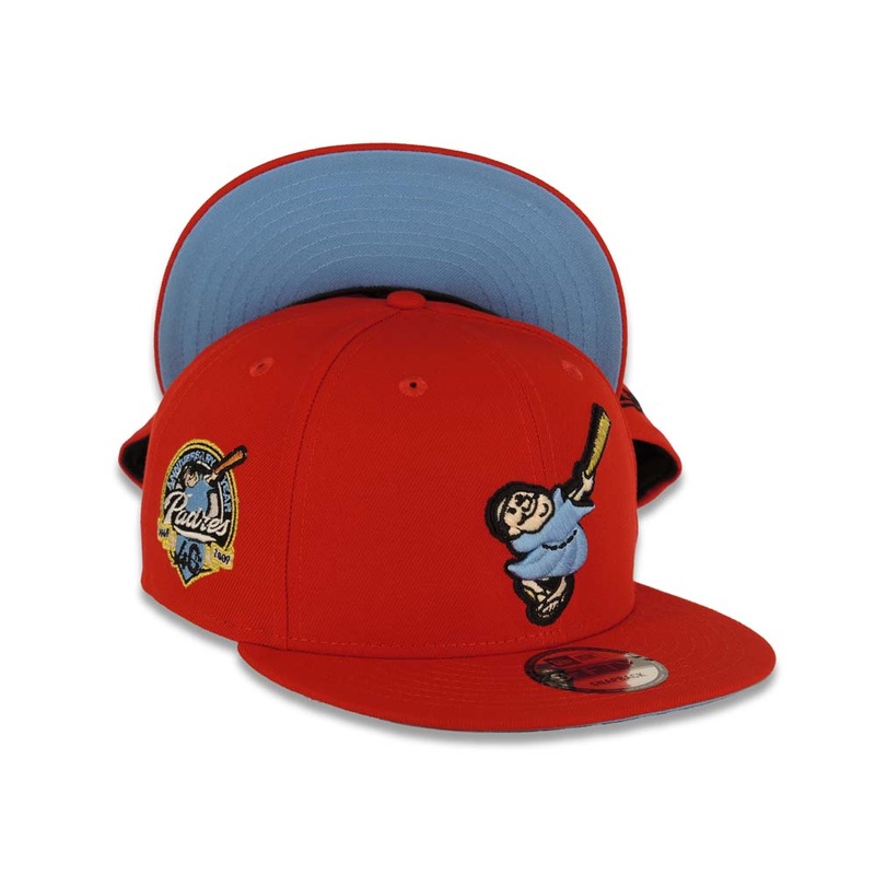 San Diego Padres New Era MLB 9FIFTY 950 Snapback Cap Hat Red Crown/Visor Sky Blue/Meallic Gold Swinging Friar Logo 40th Anniversary Side Patch