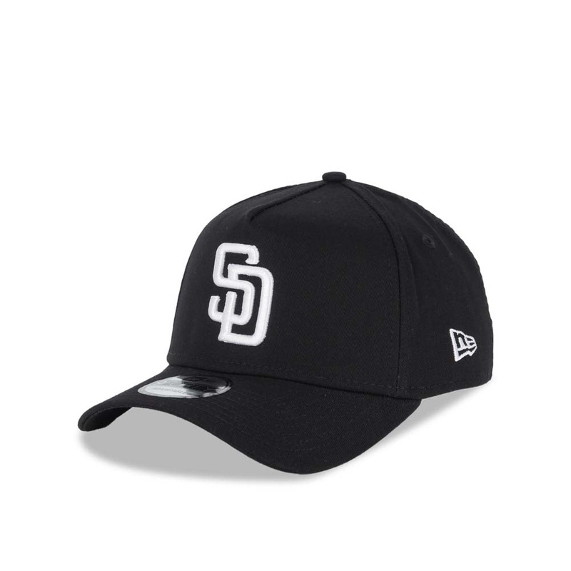 San Diego Padres New Era MLB 9FORTY 940 Adjustable A-Frame Cap Hat Snapback Closure Black Crown/Visor White Logo Black UV