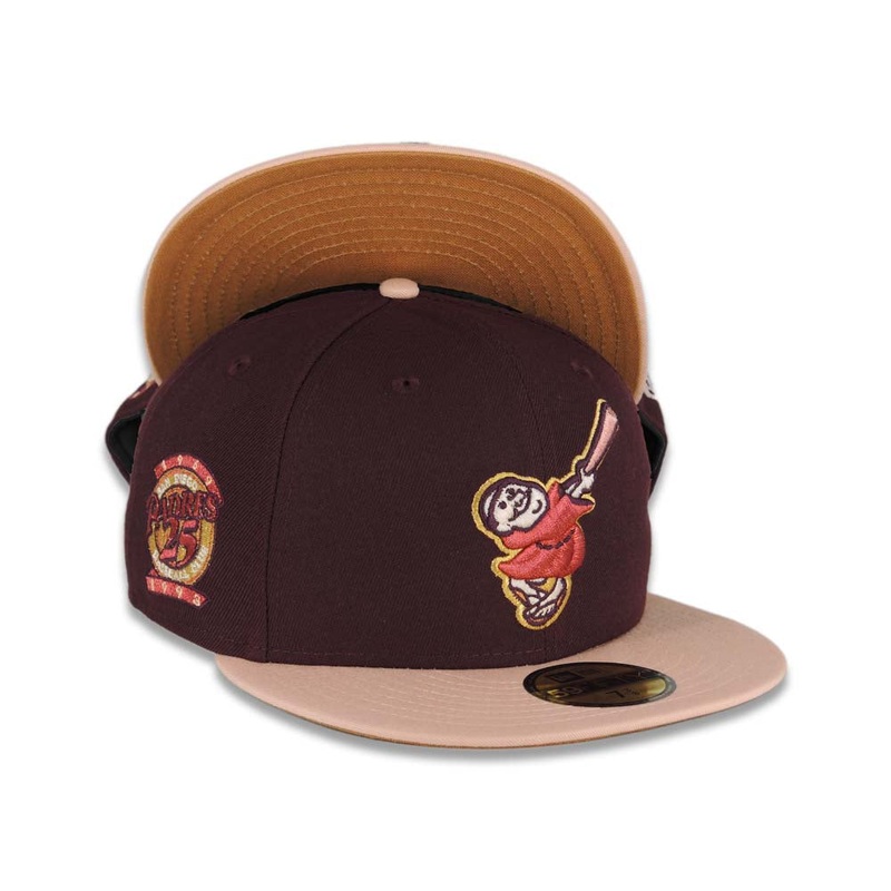 (Youth) San Diego Padres New Era MLB 59FIFTY 950 Snapback Cap Hat Maroon Crown Light Peach Visor Pink/Metallic Gold Logo 25th Anniversary Side Patch