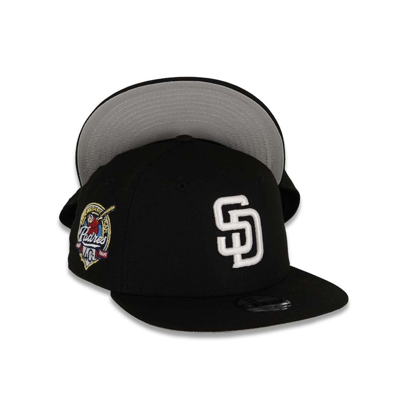 (Youth) San Diego Padres New Era MLB 9FIFTY 950 Snapback Cap Hat Black Crown/Visor White Logo 40th Anniversary Side Patch Gray UV