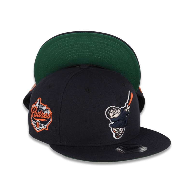 (Youth) San Diego Padres New Era MLB 9FIFTY 950 Snapback Cap Hat Navy Crown/Visor Navy/Orange Swinging Friar Logo Established 1969 Side Patch Green UV
