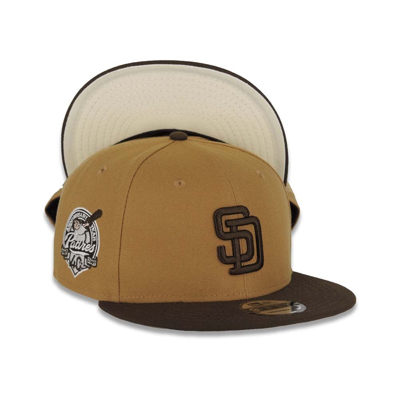San Diego Padres New Era MLB 9FIFTY 950 Snapback Cap Hat Wheat Crown Dark Brown Visor Dark Brown Logo 40th Anniversary Side Patch Cream UV