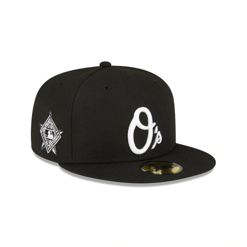 Baltimore Orioles New Era MLB 59FIFTY 5950 Fitted Cap Hat Black Crown/Visor White Logo 1993 All-Star Game Side Patch Gray UV
