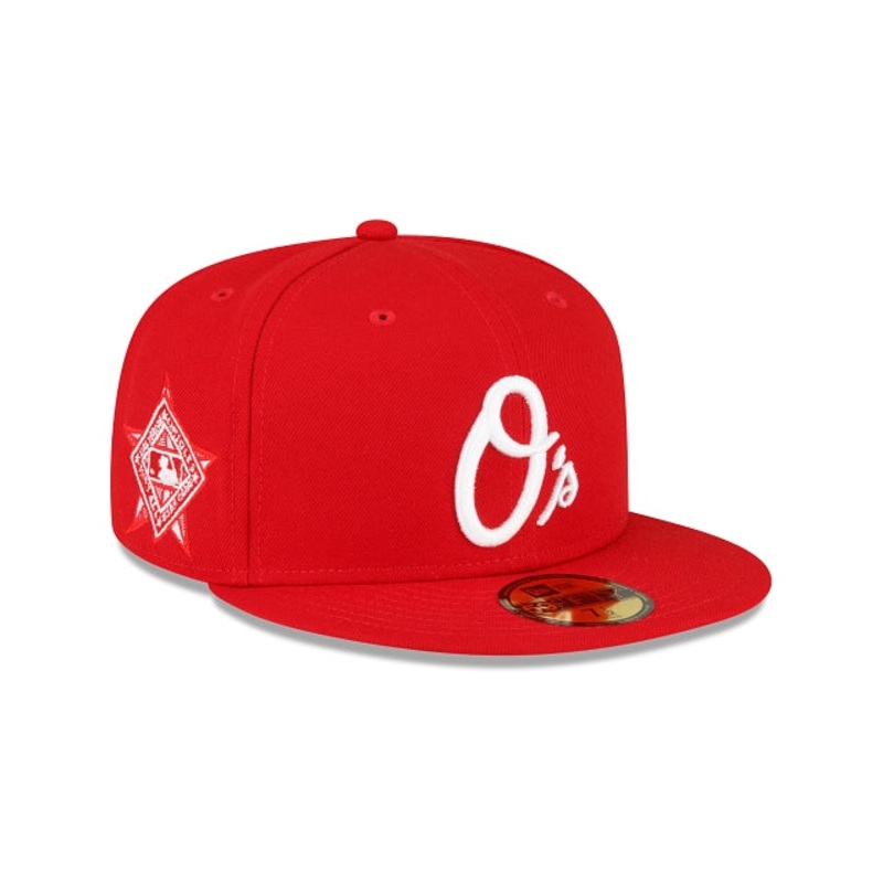 Baltimore Orioles New Era MLB 59FIFTY 5950 Fitted Cap Hat Red Crown/Visor White Logo 1993 All-Star Game Side Patch Gray UV