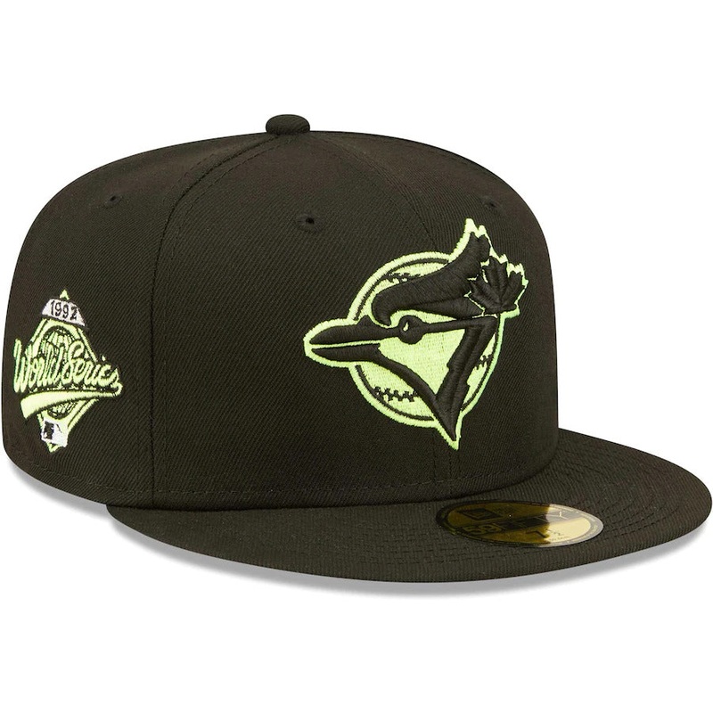 Toronto Blue Jays New Era MLB 59FIFTY 5950 Fitted Cap Hat Black Crown/Visor Yellow Logo 1992 World Series Side Patch