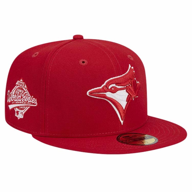 Toronto Blue Jays New Era MLB 59FIFTY 5950 Fitted Cap Hat Red Crown/Visor Red/White Logo 1993 World Series Side Patch Gray UV