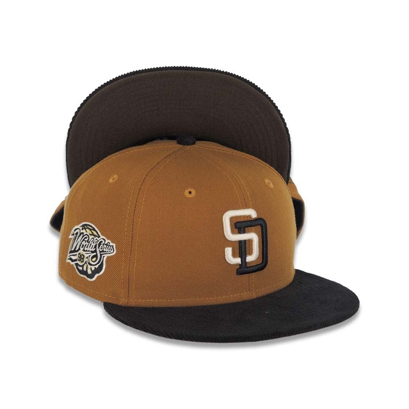 (Corduroy) San Diego Padres New Era MLB 59FIFTY 5950 Fitted Cap Hat Brown Crown Black Visor Cream/Black Logo 1998 World Series Side Patch Brown UV