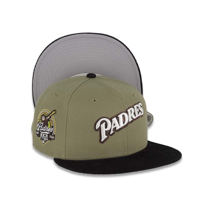 (Corduroy Visor) San Diego Padres New Era MLB 59FIFTY 5950 Fitted Cap Hat Olive Crown Black Visor Cream/Black Logo 40th Anniversary Side Patch Gray UV