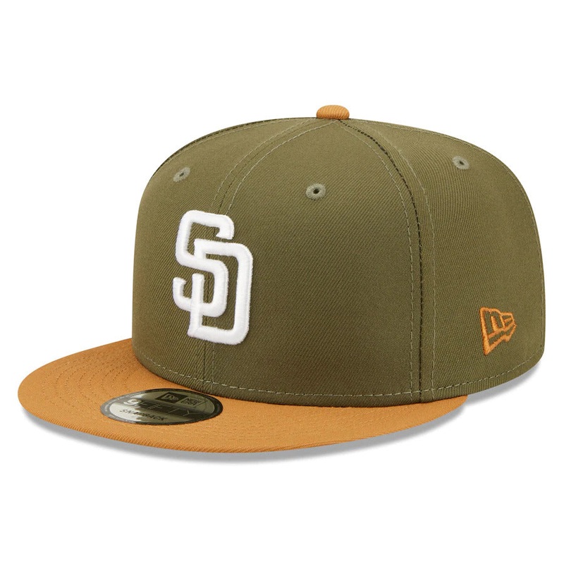 San Diego Padres New Era MLB 9FIFTY 950 Snapback Cap Hat Olive Green Crown Light Brown Visor White Logo (Color Pack)