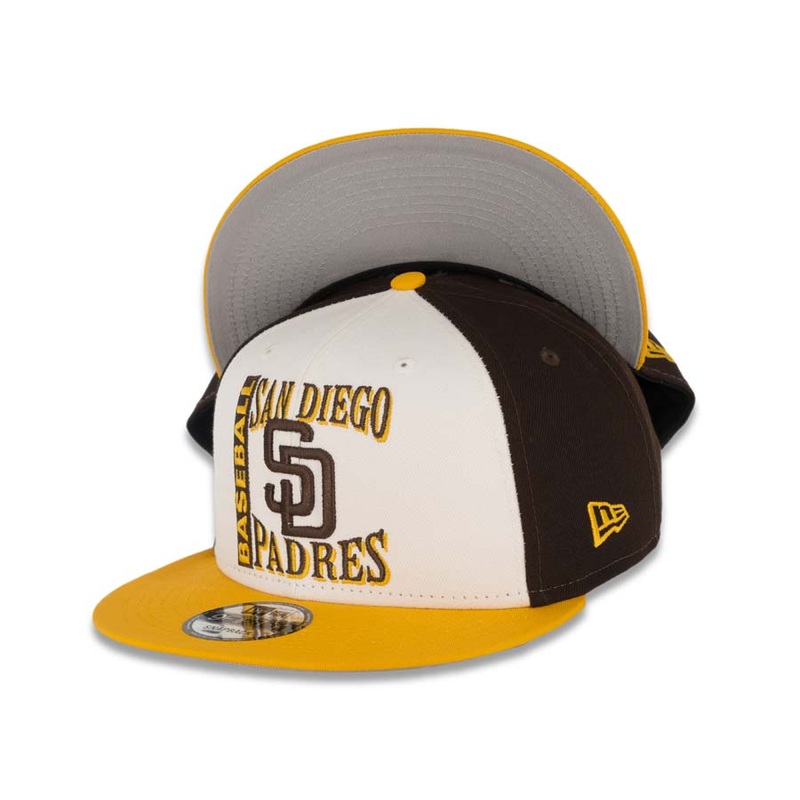 San Diego Padres New Era MLB 9FIFTY 950 Snapback Cap Hat White/Dark Brown Crown Yellow Visor Team Color Text Logo (Retro Sport)