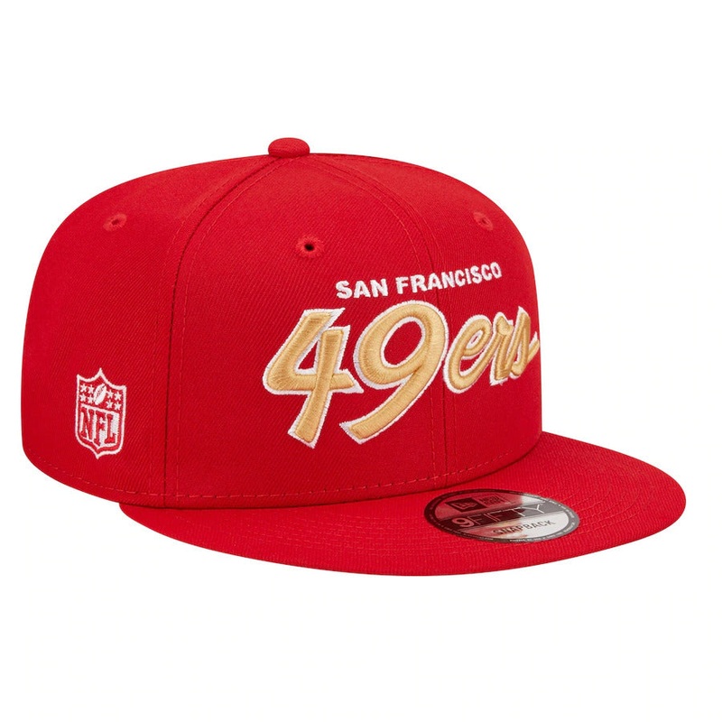 San Francisco 49ers New Era NFL 9FIFTY 950 Snapback Cap Hat Red Crown/Visor Wheat/White Text Logo Super Bowl Side Patch Gray UV