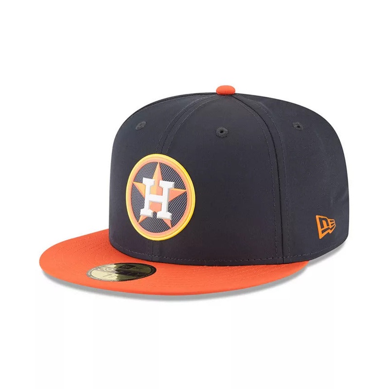 (Youth/Adult) Houston Astros New Era 59FIFTY 5950 Fitted Cap Hat Navy Blue Crown Orange Visor Team Color Logo (Batting Practice)