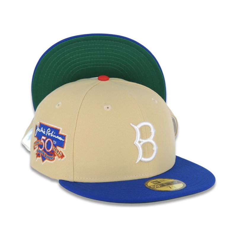 Brooklyn Dodgers New Era MLB 59FIFTY 5950 Fitted Cap Hat Vegas Gold Crown Blue Visor Team Color “B” Logo Jackie Robinson 50th Anniversary Side Patch