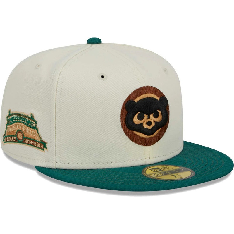Chicago Cubs New Era MLB 59FIFTY 5950 Fitted Cap Hat Chrome Crown Green Visor Black/Brown Cub Logo Wrigley Field 100 Years Anniversary Gray UV Camp