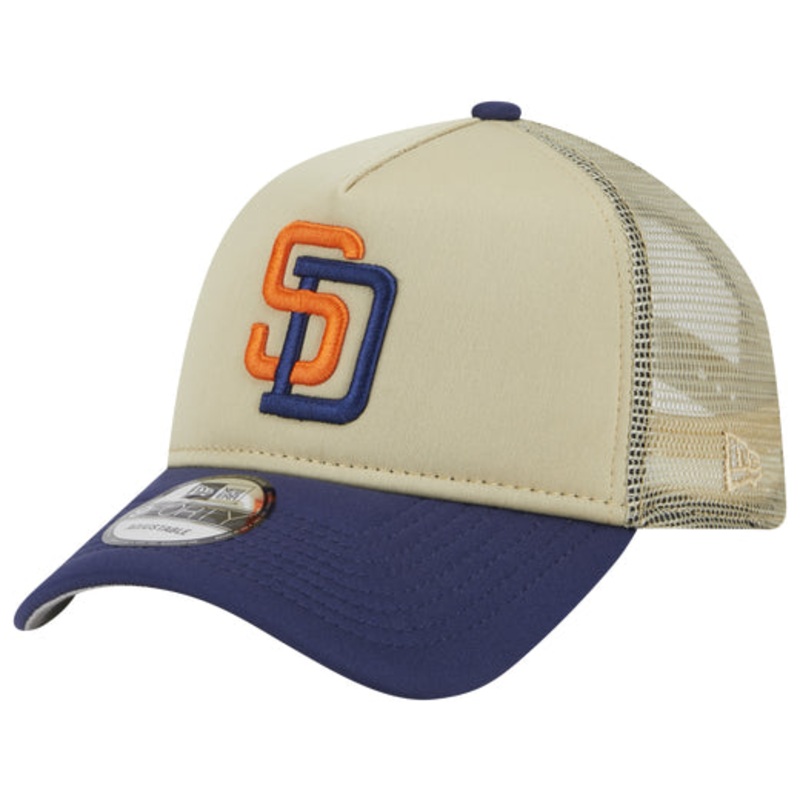 San Diego Padres New Era MLB 9FORTY 940 Adjustable A-Frame Foam Cap Hat Vegas Gold Crown Light Navy Visor Orange/Light Navy Logo Mesh Trucker Back