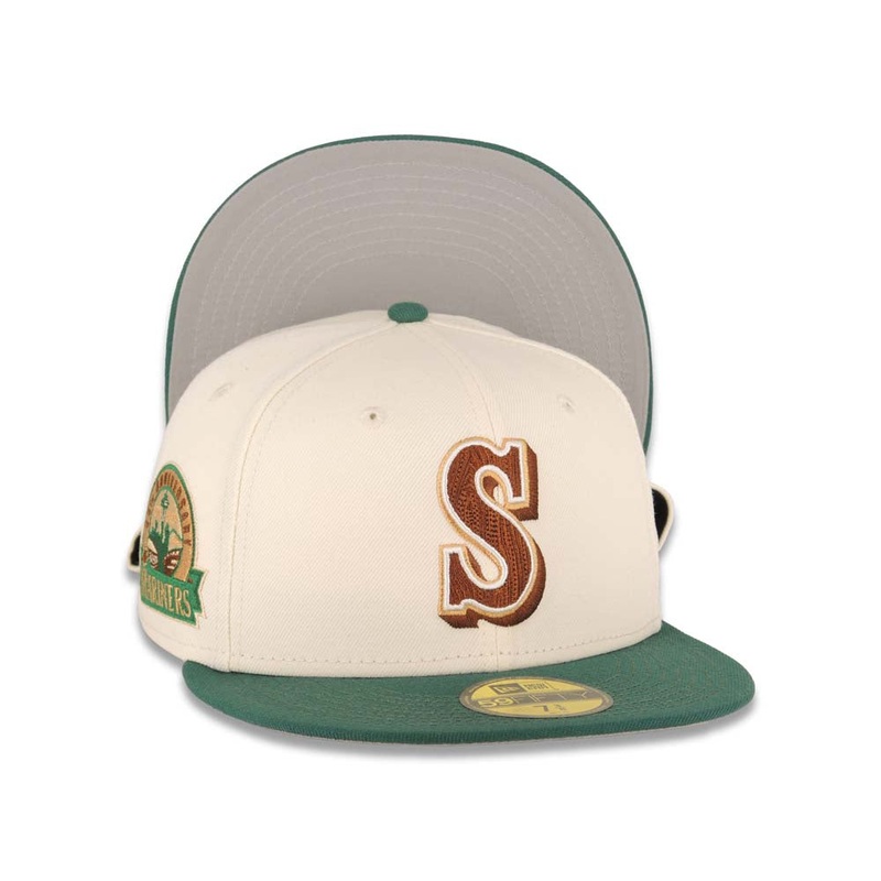 Seattle Mariners New Era MLB 59FIFTY 5950 Fitted Cap Hat Chrome Crown Green Visor Brown/Peach Logo 30th Anniversary Side Patch Gray UV Camp