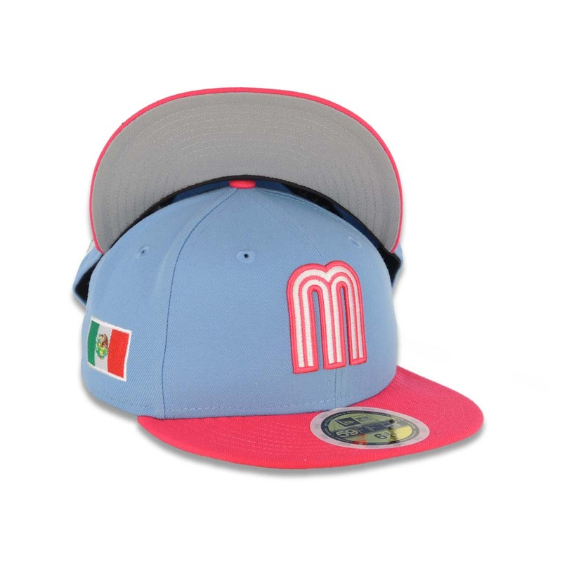 (Youth) Mexico New Era 59FIFTY 5950 Fitted Cap Hat Sky Blue Crown Magenta Visor White/Magenta Logo Mexico Flag Sid Patch Gray UV