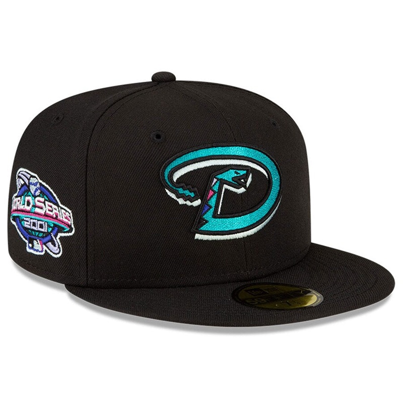Arizona Diamondbacks New Era MLB 59FIFTY 5950 Fitted Cap Hat Black Crown/Visor Teal Logo 2001 World Series Side Patch (Polar Lights)