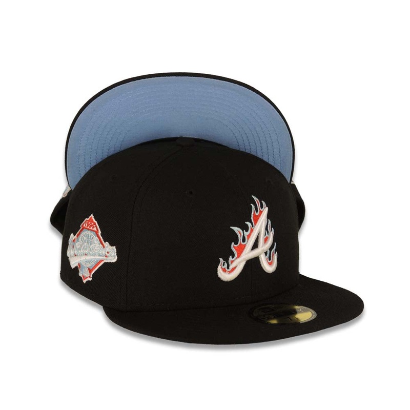 Atlanta Braves New Era MLB 59FIFTY 5950 Fitted Cap Hat Black Crown/Visor White Logo (Team Fire Flame)