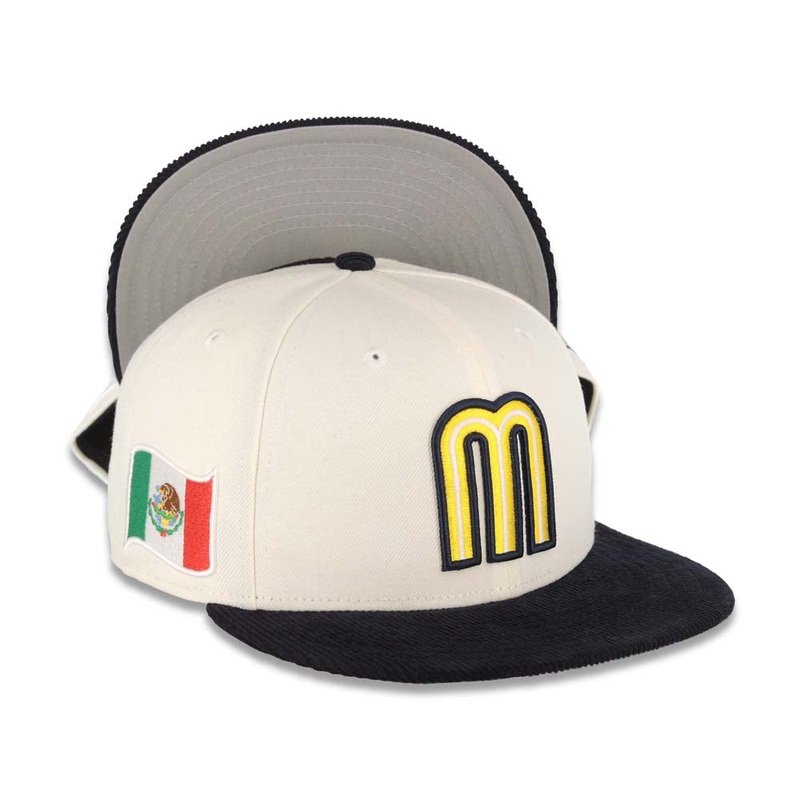 (Corduroy Visor) Mexico New Era WBC World Baseball Classic 59FIFTY 5950 Fitted Cap Hat Cream Crown Navy Visor Yellow/Navy Logo Mexico Flag Side Patch