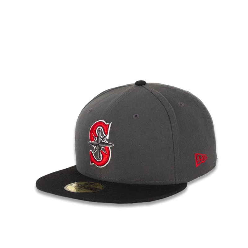 Seattle Mariners New Era MLB 59FIFTY 5950 Fitted Cap Hat Dark Gray Crown Black Visor Red/Gray Logo