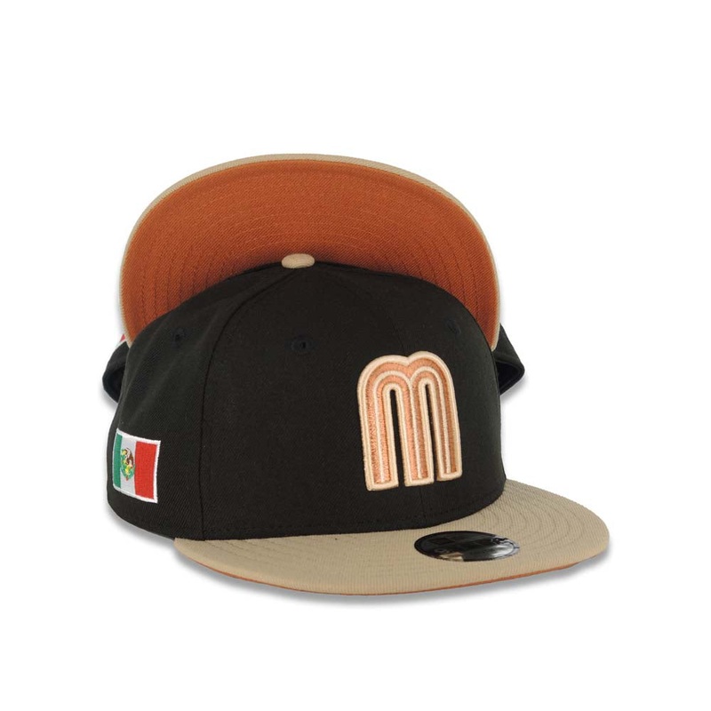 (Youth) Mexico New Era 9FIFTY 950 Kid Snapback Cap Hat Black Crown Khaki Visor Metallic Brown Logo Mexico Flag Side Patch Dark Orange UV