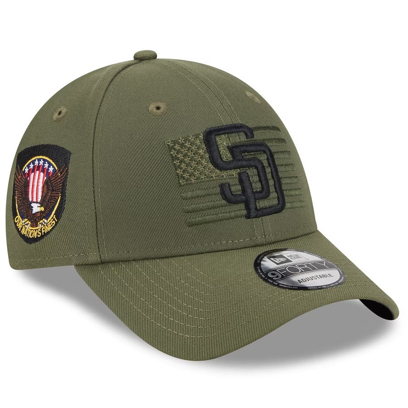 San Diego Padres New Era MLB 9FORTY 940 Adjustable Cap Hat Olive Green Crown/Visor Black Logo American Flag (2023 Armed Forces Day)