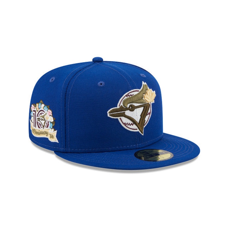 Toronto Blue Jays New Era MLB 59FIFTY 5950 Fitted Cap Hat Royal Blue Crown/Visor Olive Logo 10th Anniversary Side Patch (Botanical)